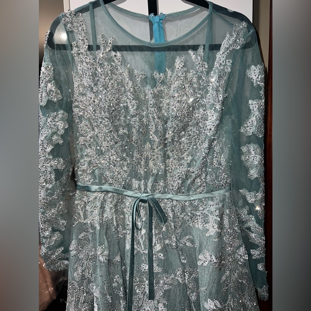 Bow belt illusion teal length evening gown - Picture 6 of 10